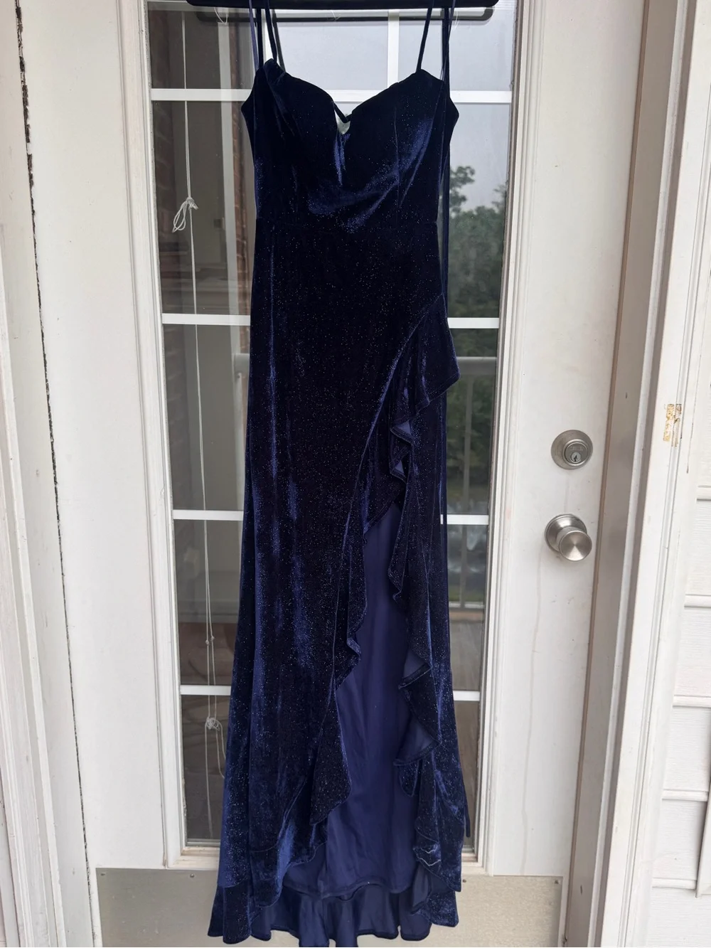 Midnight Blue Velvet High-Low Evening Dress with Side Ruffle
